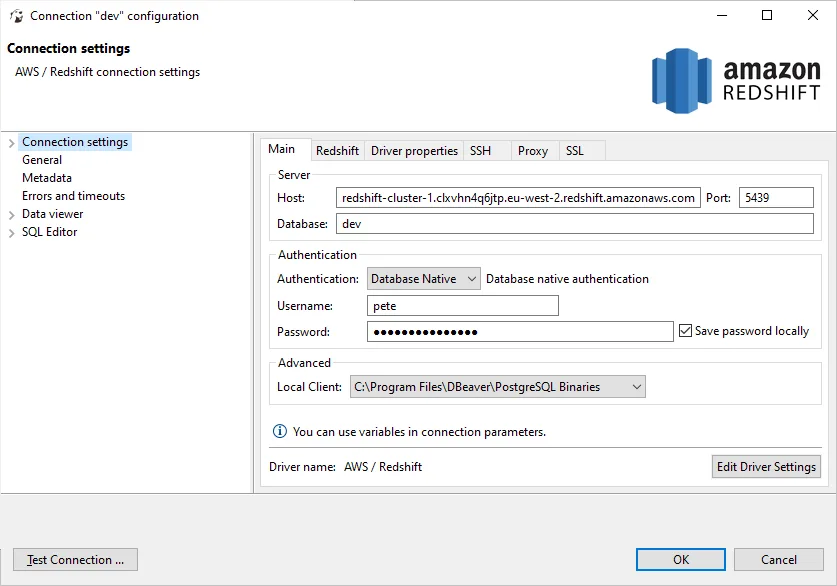 Dbeaver Create Connection RedShift Settings