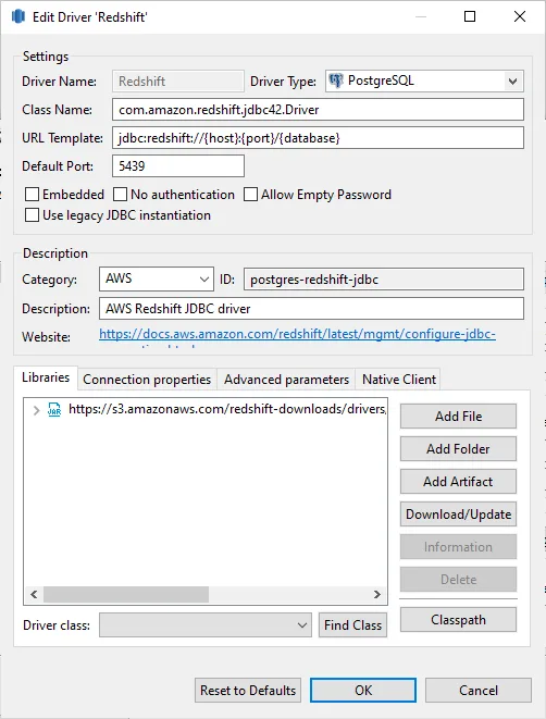 Dbeaver Edit RedShift Driver