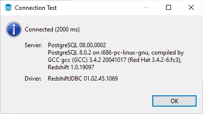 Dbeaver RedShift Test Connection Success