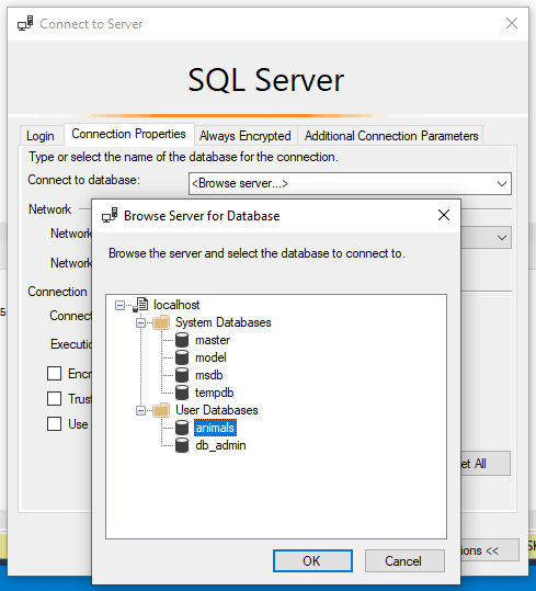 change default database sql server management studio 17