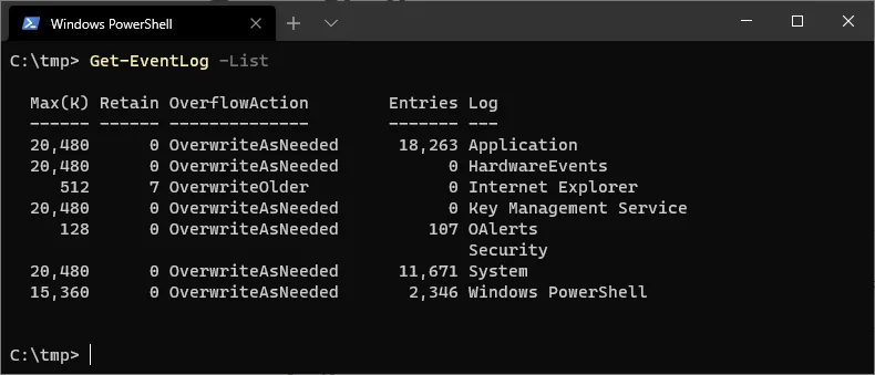 Get-EventLog -List