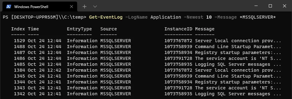 show recent eventlog entries for sql server