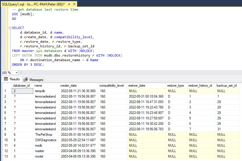 database last restore time sql