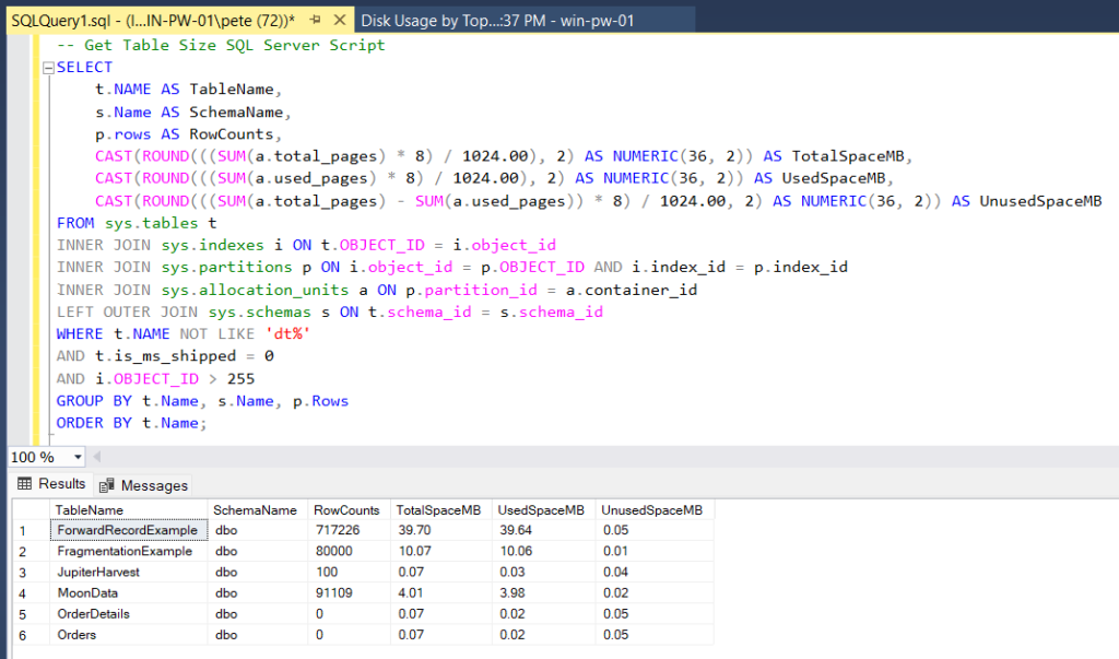 sql script to get table sizes