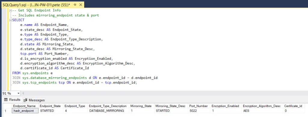 SQL Server Get Mirroring Endpoint Port Number
