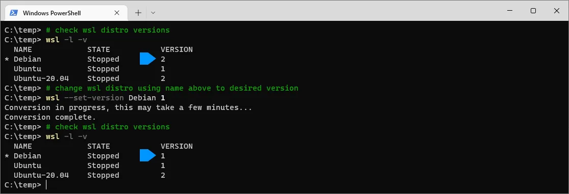 WSL Set Version