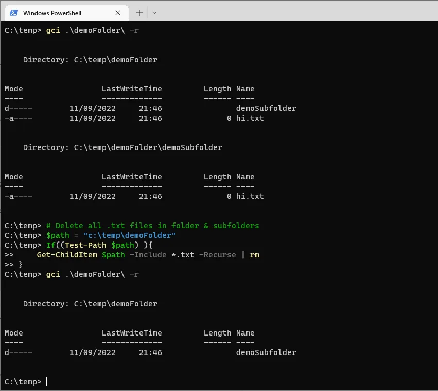 PowerShell Delete Files in Folder and Subfolders