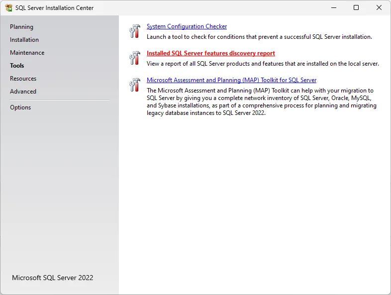 Installed SQL Server features discovery report