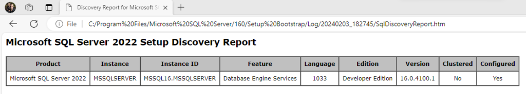 Installed SQL Server features discovery report output example