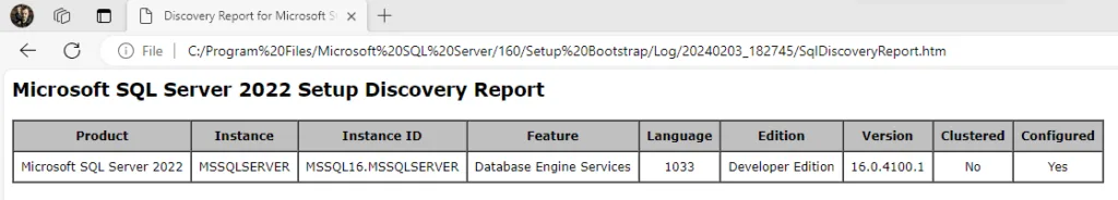 Installed SQL Server features discovery report output example