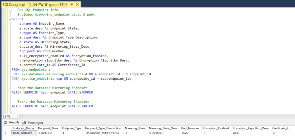 sql server alter endpoint state