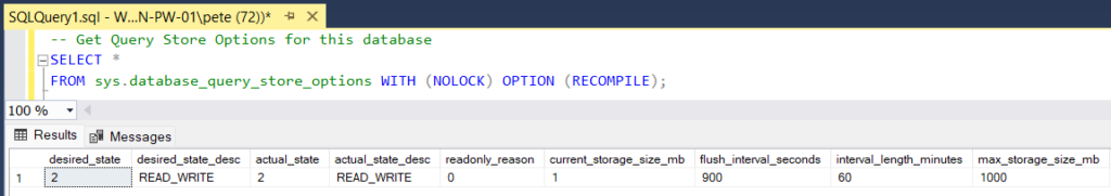 sql server query store options