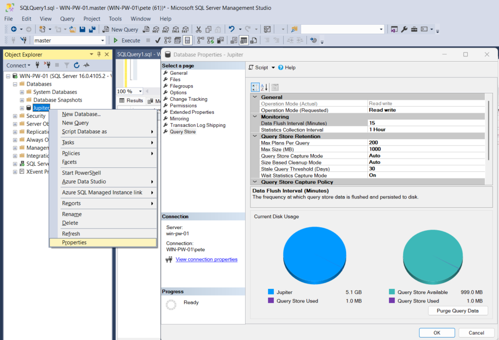 sql server query store properties