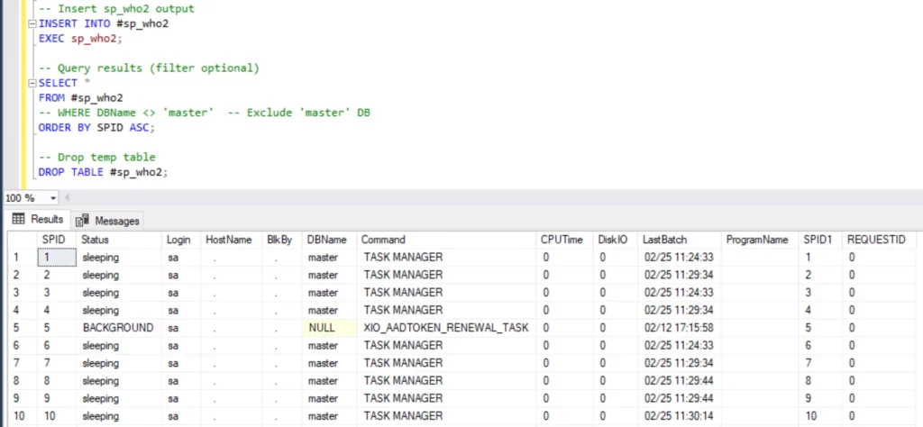 Log SP_Who2 to Table SQL Server