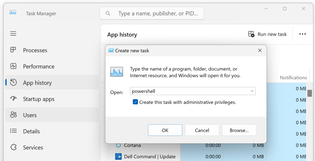 Open PowerShell as Administrator Using Task Manager