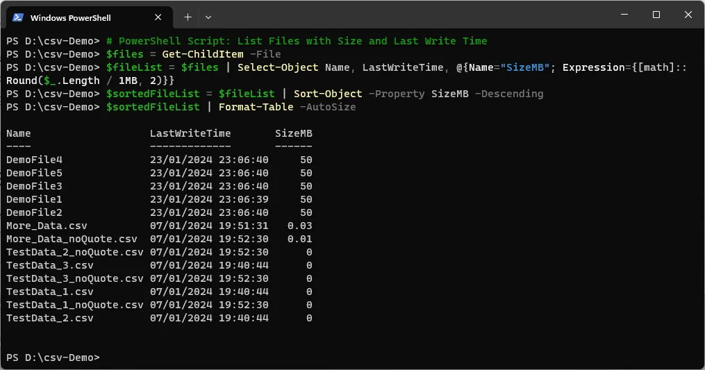 PowerShell show files with sizes & dates in a folder